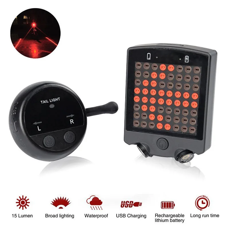

Bicycle Turn Signal Light 64 LED 15 Lumen Rechargeable Waterproof Wireless Bike Turning Warning Taillight