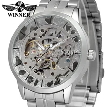 Победитель Для мужчин смотреть Нержавеющая сталь браслет Скелет Автоматическая аналоговый бренд кристалл модный наручные часы Цвет серебро wrg8003m4s1