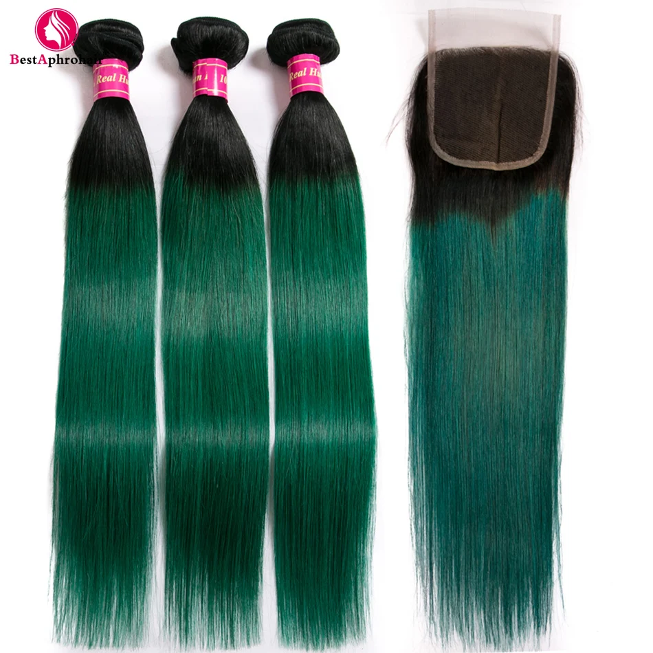 

Aphro Hair Brazilian Hair Weave Bundles With Closure T1B/Green Straight Hair Bundles With Closure Non Remy Human Hair Extension