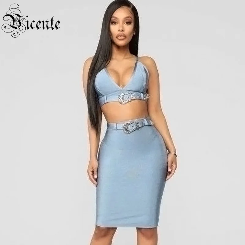 VC All Free Shipping Hot New Trendy Two Pieces Set Sashes Design Sexy Spaghetti Strap Celebrity Party Skirt Suit