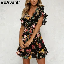 BeAvant v-образным вырезом оборками сексуальное платье Женщины Boho цветочным принтом пляжное платье Лето 2018 элегантные пояса Короткое Платье vestidos женский