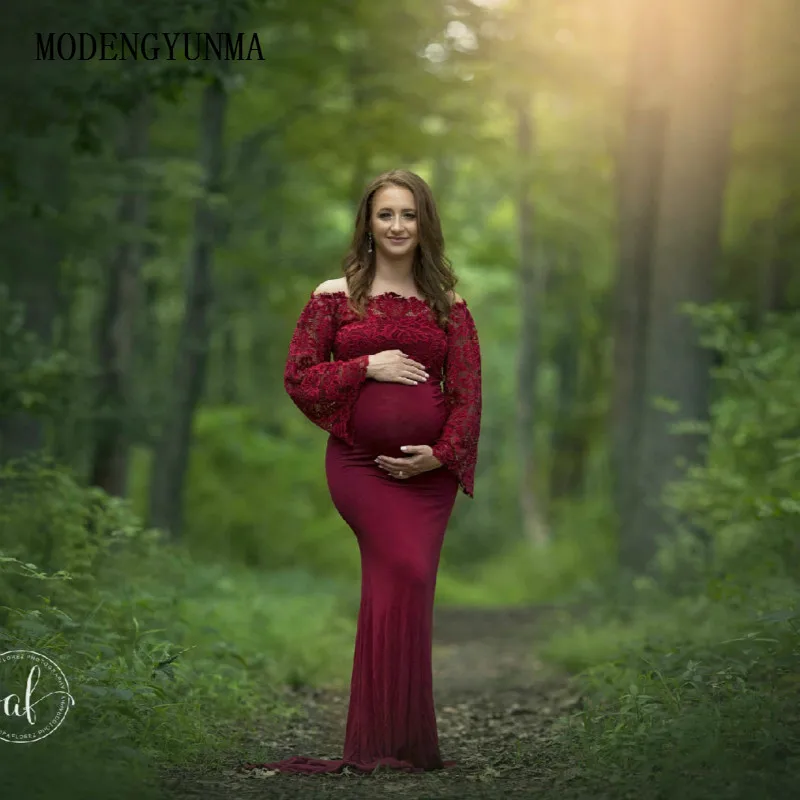 

MODENGYUNMA Maternity Dresses Lace Long Sleeve Mercerizing Cotton Take A Photo Dress One Word Collar Trailing Pregnancy Dress