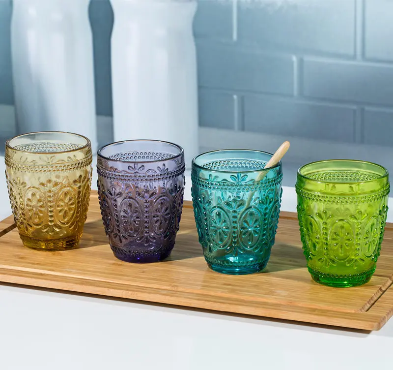 

European retro pattern embossed cup good looking color home crystal glass breakfast milk cup