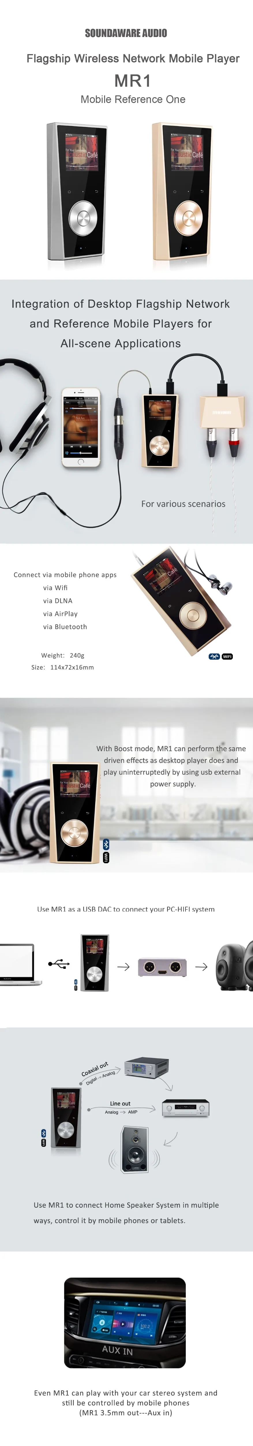 Soundaware MR1 флагманский беспроводной сетевой мобильный музыкальный плеер Bluetooth AirPlay USB DAC Full Scene приложения MP3