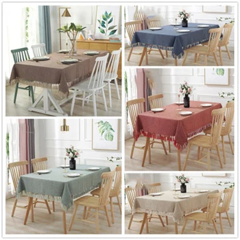

Rectangle Tablecloth Solid Color Cotton and Linen Table Cover with Tassel for Wedding Party Home Kitchen Textile