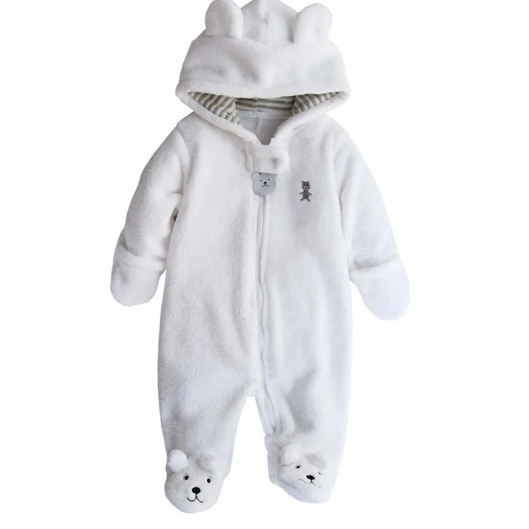 Детские комбинезоны для новорожденных мальчиков и девочек, комбинезон с капюшоном из кораллового флиса с рисунком медведя, осенне-зимняя одежда для малышей 0-9 месяцев
