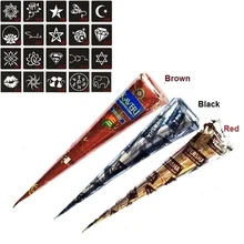 3 Pcs Henna Cones Red Brown Black + 20pcs Stencils Temporary Tattoo Kits Body Art Mehandi Ink For Body Paint 2017 @ME88