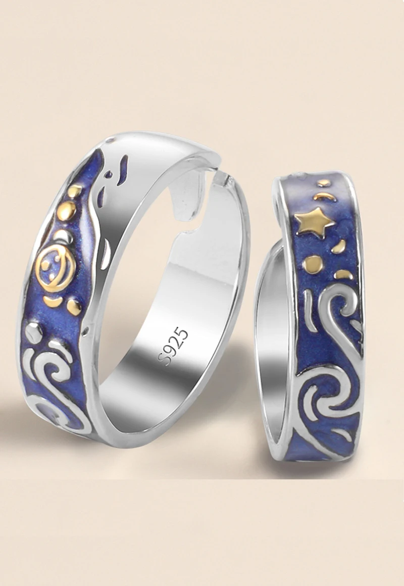 Qevila 2019 Fashion Personalized Rings Customized Van Gogh Enamel Ring 925 Sterling Silver Gold Moon Star Canvas Rings for women (7)