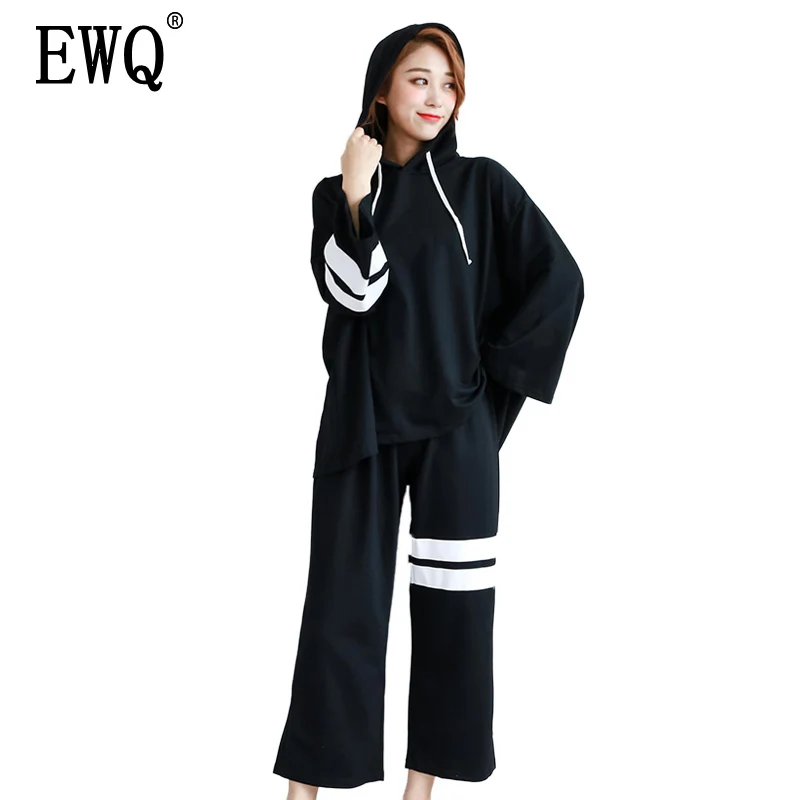 

[EWQ] 2019 Spring Hooded Collar Elastic Waist Patchwork Striped Color Loose Big Size Lady Suit Pullover Stock K94001