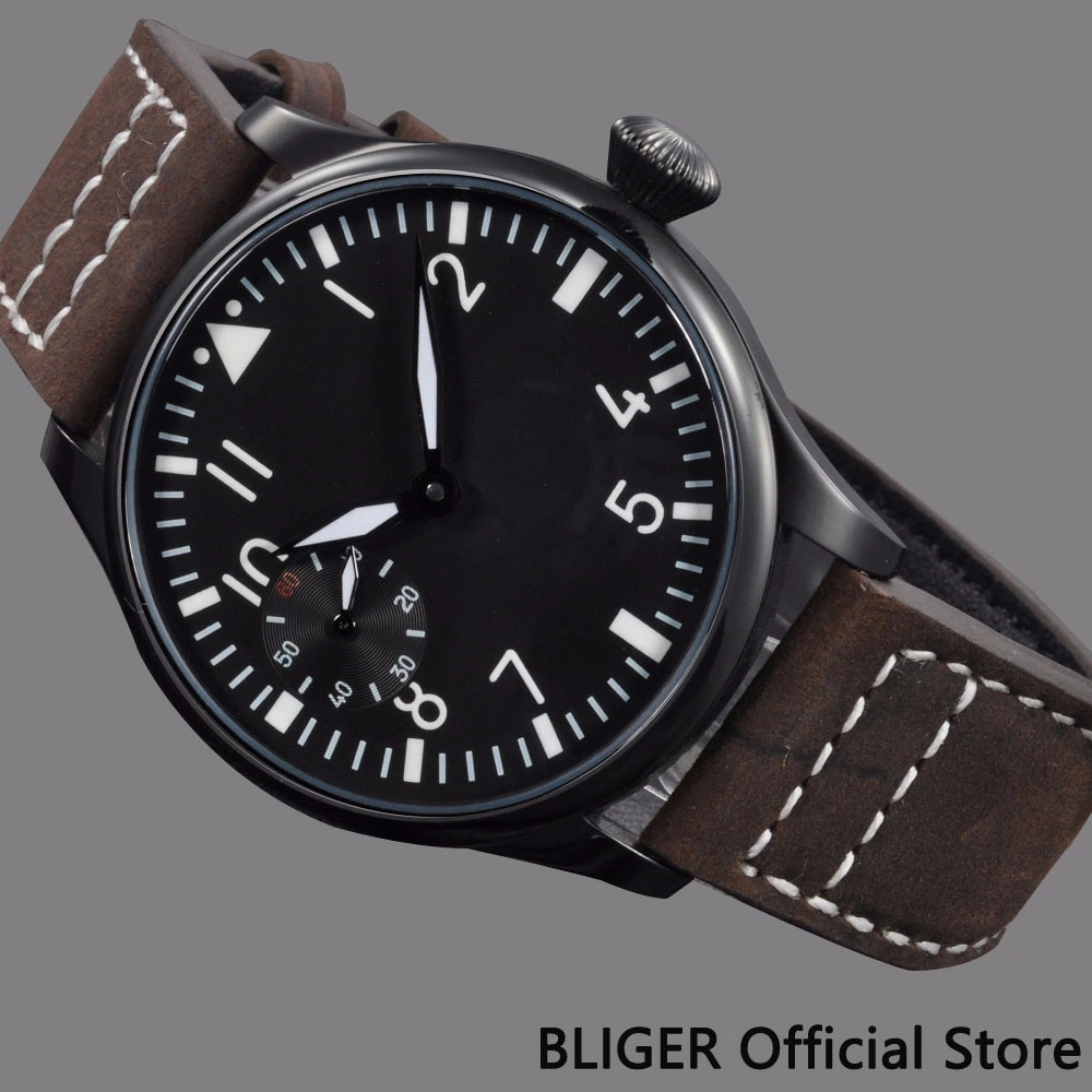 

Classical 44MM Sterile Dial PVD Coated Watchcase Men's Watch Leather Strap Luminous 17 Jewels 6497 Hand Winding Movement Watch