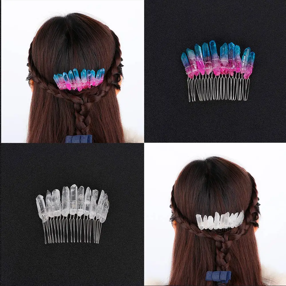 

1Pcs Quartz Dragonfly Shaped Hair Crown Natural Raw Matte Rainbow Stone Opal Angel Aura Silver Comb Bridal Hair Accessories