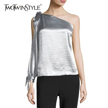 

TWOTWINSTYLE Sexy Off Shoulder Satin Shirt Blouse Female Lace up Bowknot Long Sleeve Women's Blouse Tops Fashion 2020 Autumn New