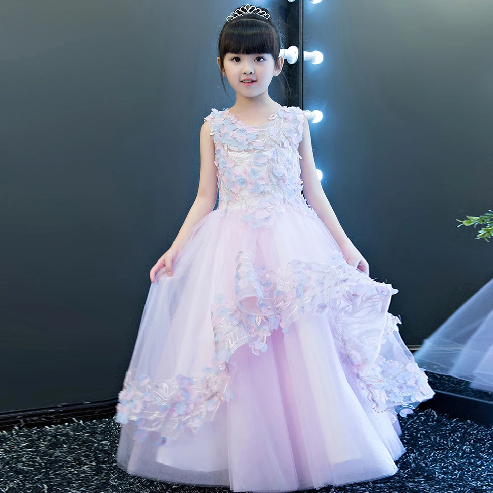 

Children Girls Summer Flowers Irregular Princess Lavender Color Dress Kids Teenagers Costume Party Birthday Wedding Long Dress