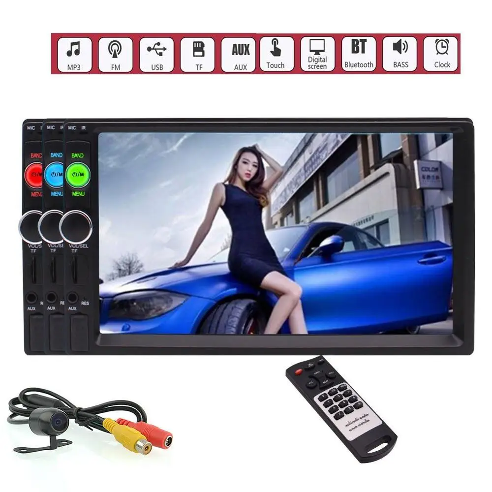 

7'' 2 Din in Dash Car MP5 Player Handsfree Bluetooth Music Stream Autoradio Video Headunit FM USB Aux Waterproof+Rearview Camera