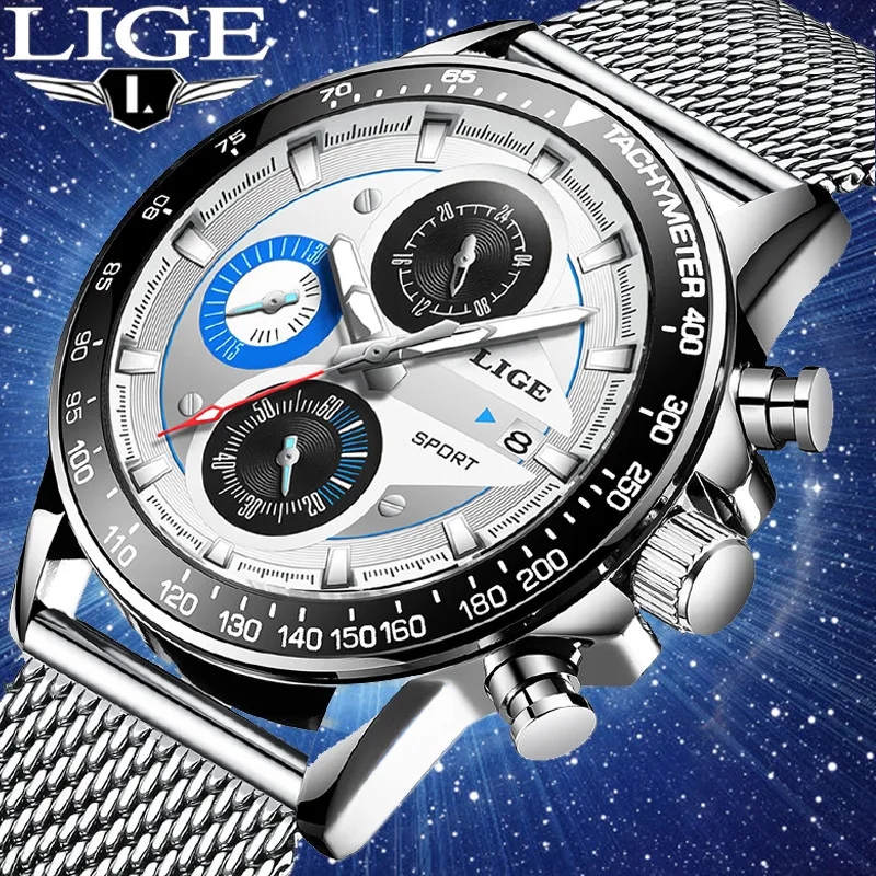 

LIGE Sport Fashion Top Brand Luxury Quartz Watch Men Stainess Steel Mesh Belt Waterproof Chronograph White Dial reloj hombre+Box