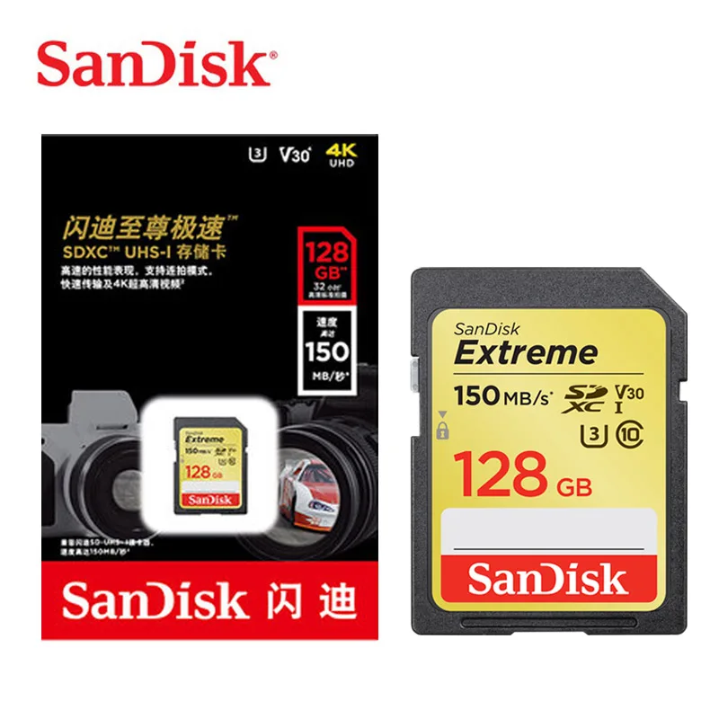 Двойной Флеш-накопитель SanDisk Extreme карты памяти SDHC/SDXC SD карта, 32 ГБ, 64 ГБ 128 Class10 U1 U3 4K высокоскоростная 150 МБ/с. памяти флэш-карты для Камера