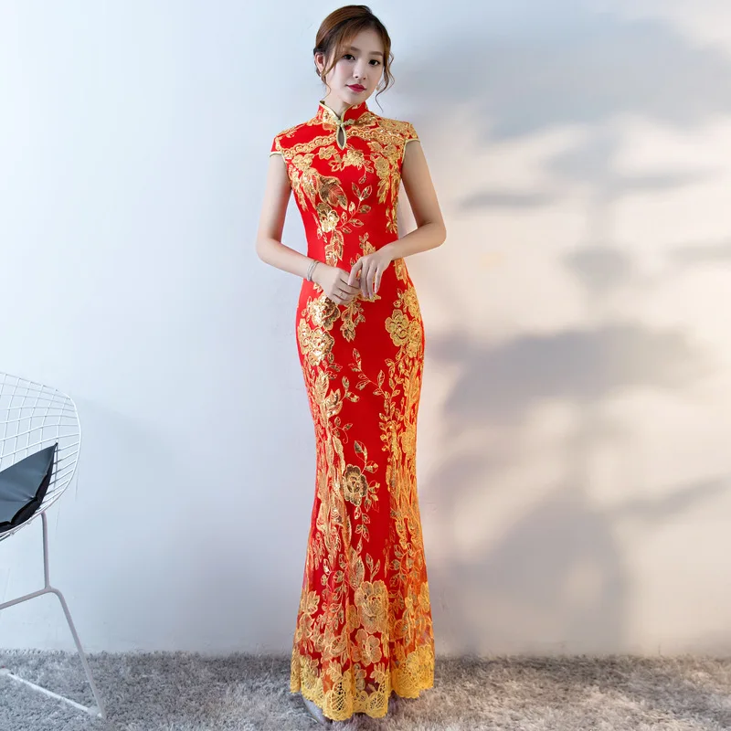 Китайский стиль, винтажное женское длинное платье Ципао, синий воротник-стойка, элегантное платье в виде рыбьего хвоста, Vestidos, Сексуальное Тонкое Платье для выступлений на сцене, Cheongsam