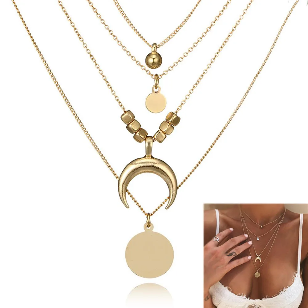 

1 Pcs Gold Silver 2 Colors Fashion Necklace Women Multilayer Choker Horn Long Crescent Moon Pendant Necklace Chain Jewelry