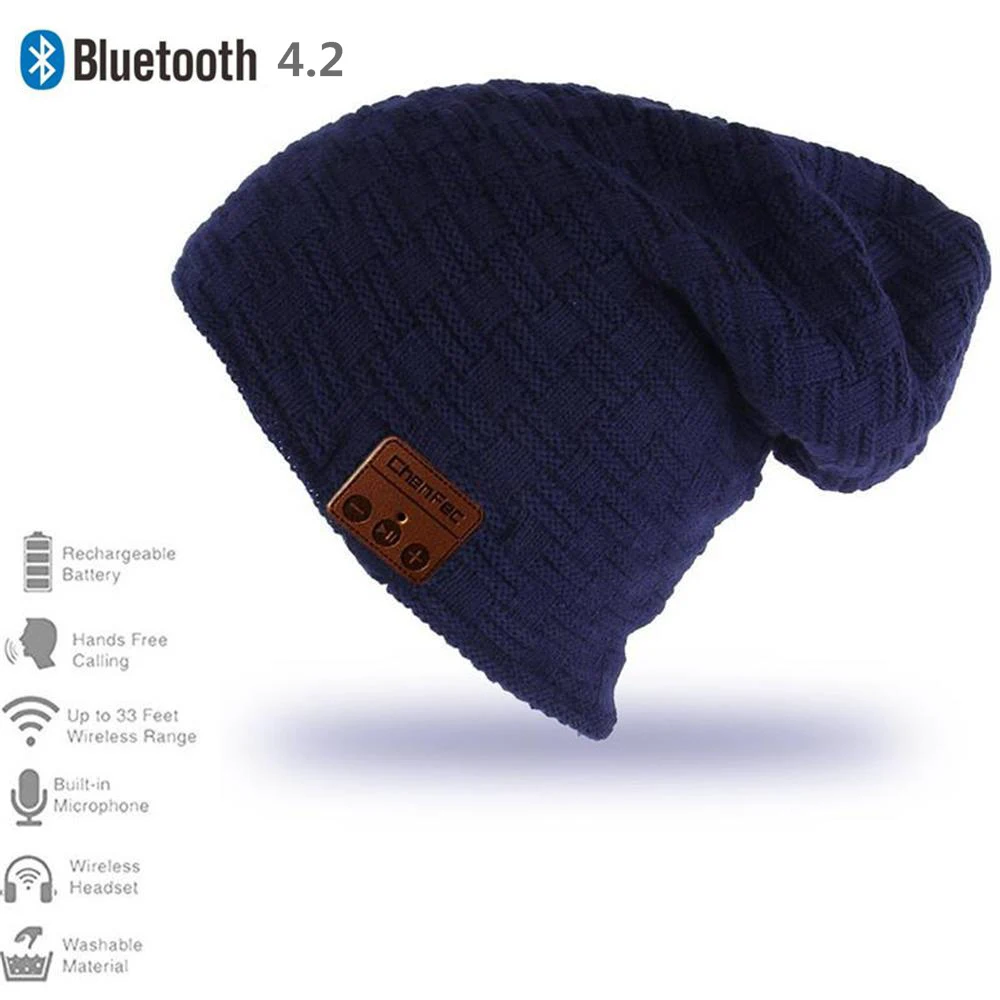 Теплая мягкая Bluetooth 4,2 шапка бини с наушниками динамик микрофон Hands-free для Iphone Android сотовых телефонов Поддержка карт памяти - Цвет: small-grid-blue