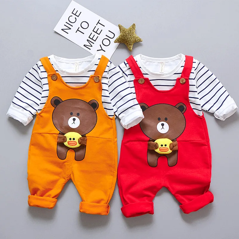 

Children's Autumn New Cartoon Suspenders Printed Stripe Long Sleeve Two-piece Set 0-4 Years Old Baby Kids Sets