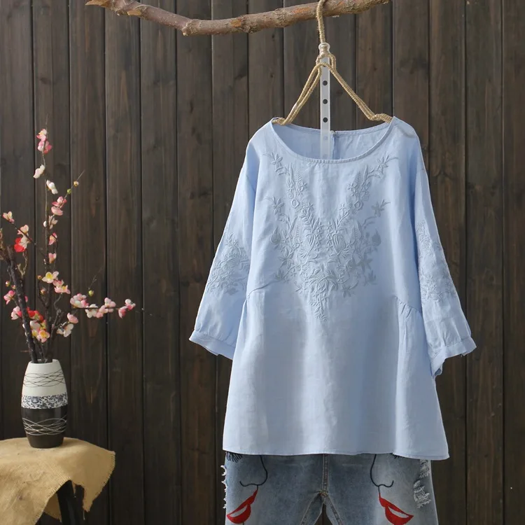 

KYQIAO women tops ethnic design casual three quarter sleeve white pink blue embroidery blouse shirt blusas mulher elegantes