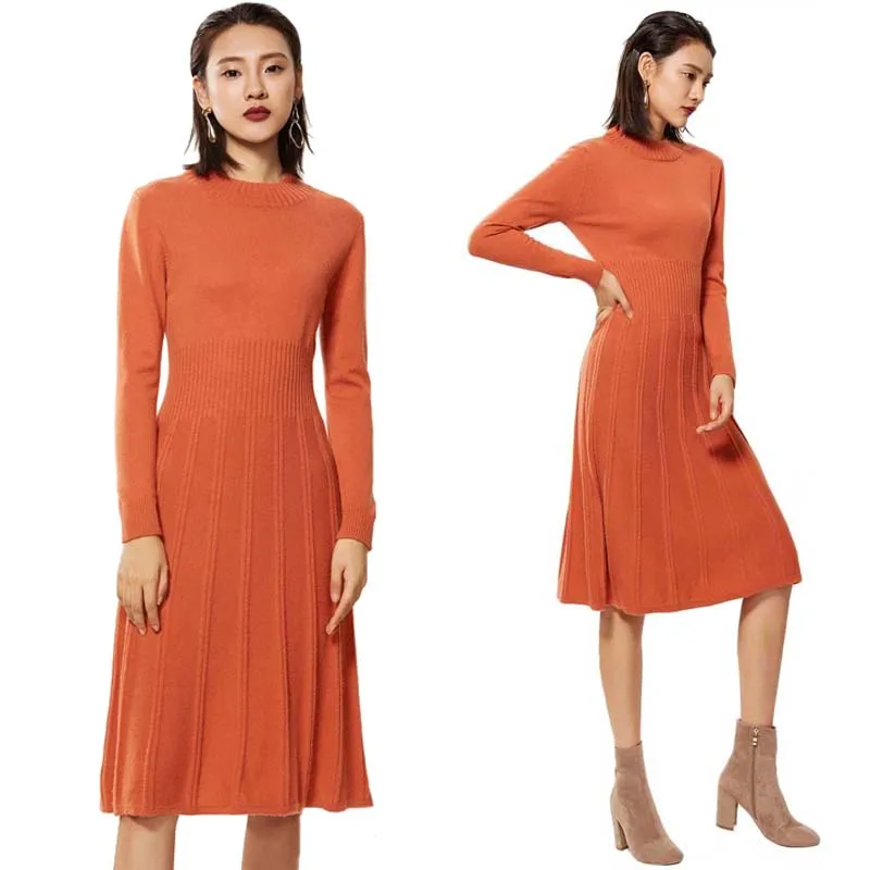 

Pure Cashmere Sweater Dress New Winter Long Sleeve Pleated Knit 100 Pure Cashmere Dress Women A Line Turtleneck Long Wool Dress