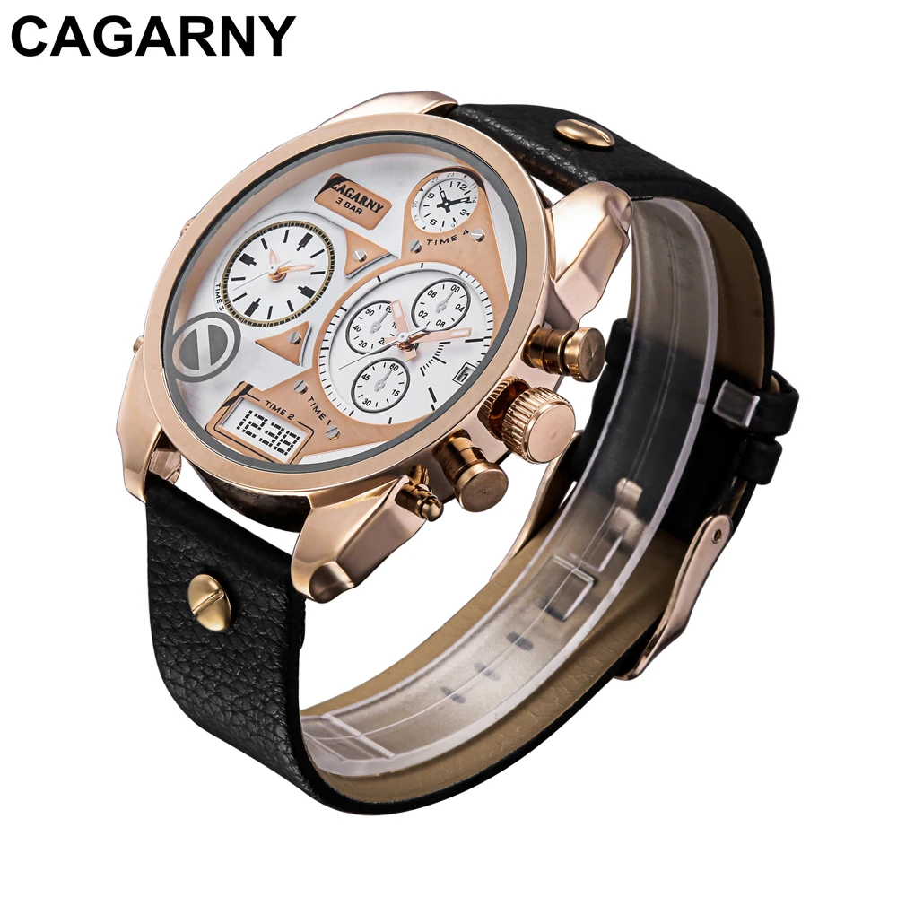 mens military watches army rose gold case black leather strap sports watches dual time zones large dial male clock for brave men free shipping (11)