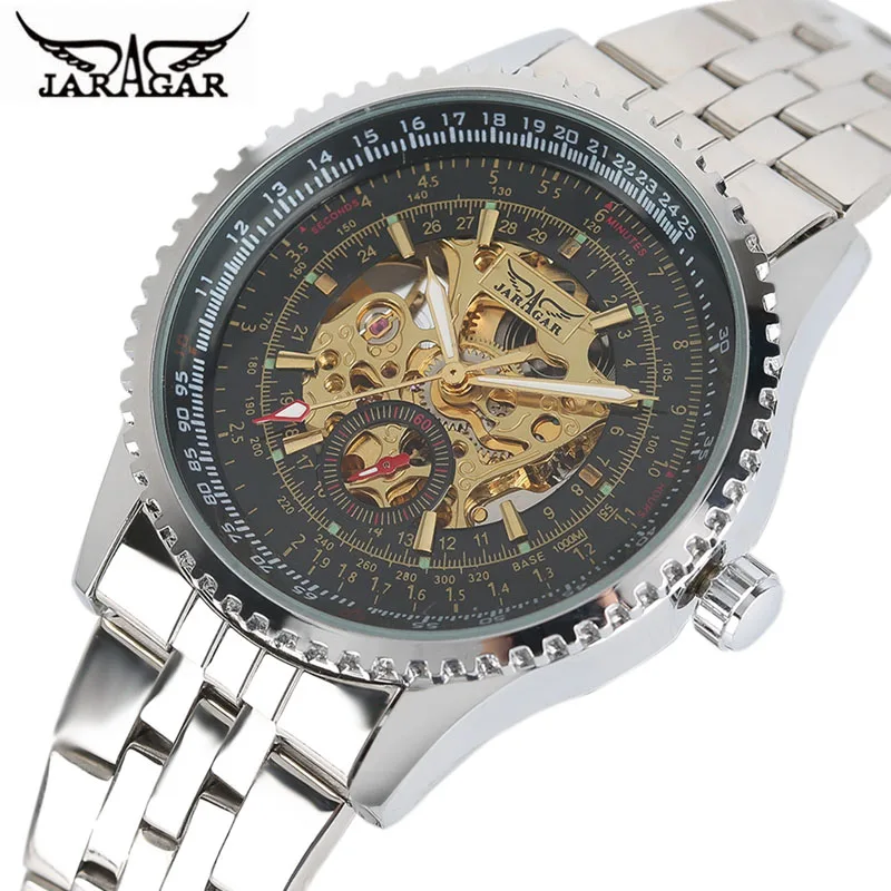 

JARAGAR Men's Brand Top Luxury Mechanical Watch Golden Skeleton Self-Winding Clock Male Automatic Stainless Steel Mens Watches