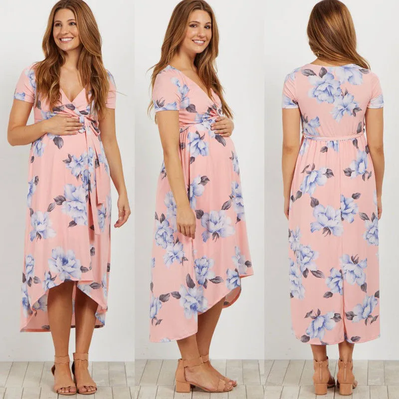 

Emmababy Summer Hot Sale Pregnant Women Maternity Dress arrival Bohemian Casual Short Sleeve Sexy Deep V-Neck Photography Dress