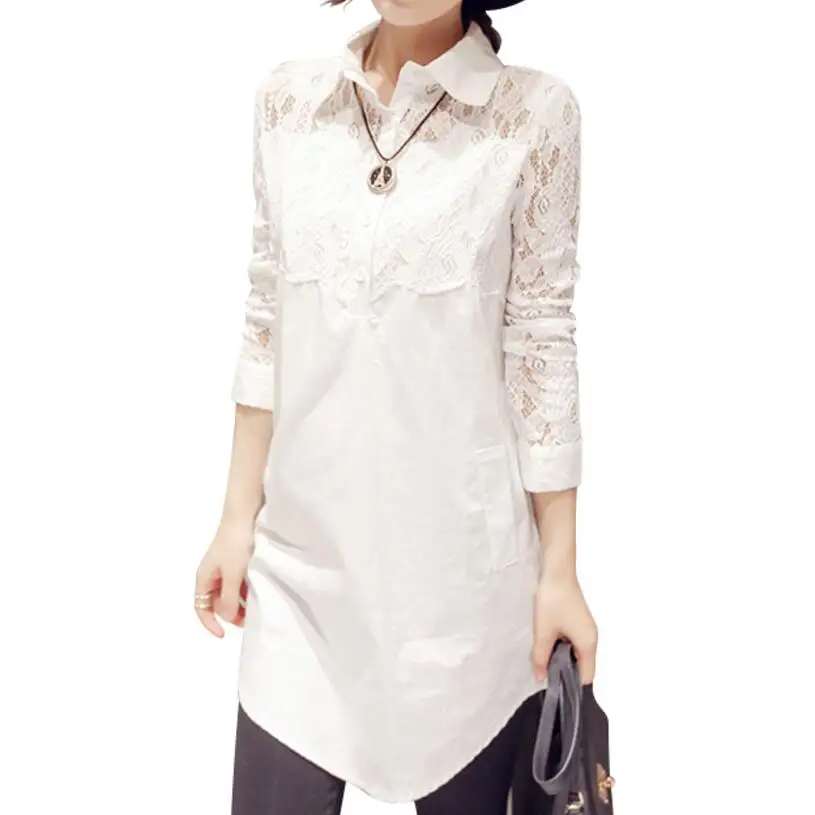 

M-4XL Plus Size Shirts Womens New Fashion Hollow Out Lace Collar Loose Long Tops Female Casual Oversize White Blouse