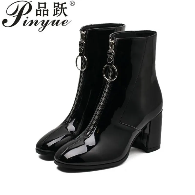 

2019 Brand Zipper Boots Woman Front Big Zipper Open Botas Mid-Calf Botines Winter Thick High Heels Patent Leather new Booties
