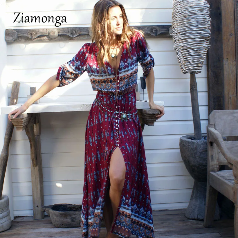 C3542 Wine Red Ziamonga Лето Для женщин с цветочным принтом кимоно Стиль богемное платье женский Глубокий V Средства ухода за кожей шеи Половина рукава Свободные Boho Винтажные наряды - Цвет: C3542 Wine Red
