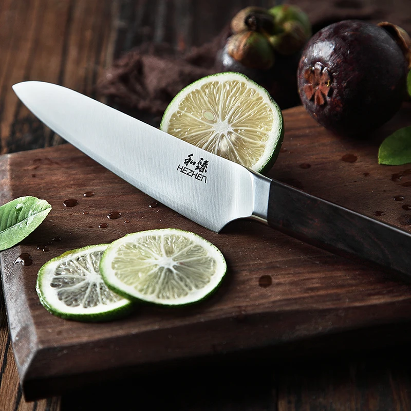HEZHEN 5 дюймов Универсальный нож из высокоуглеродистой нержавеющей стали кухонные ножи 3 слоя 440C нож для нарезки фруктов Santoku с черной ручкой