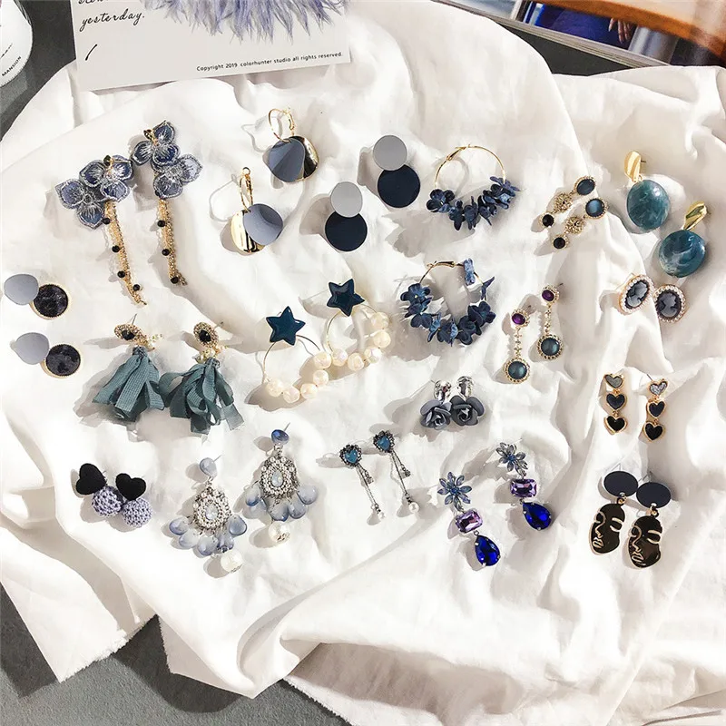 

Korean Blue Tassel Flower Geometric Elegant Women Fall Winter Drop Dangle Earrings Set Fashion Jewelry Accessories Wholesale-DDE