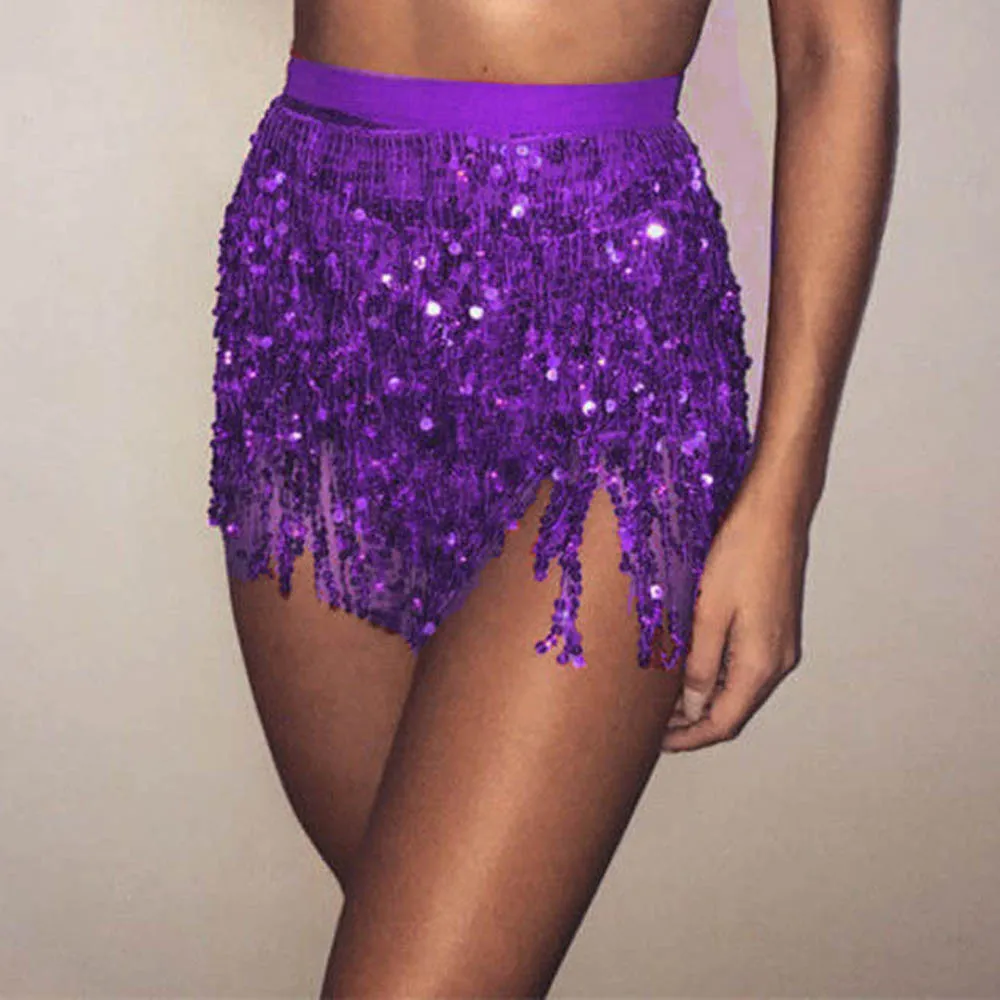 Feitongskirts женский костюм для танца живота с блестками юбка с кисточками Клубная мини юбка faldas mujer moda# w30 - Цвет: Purple