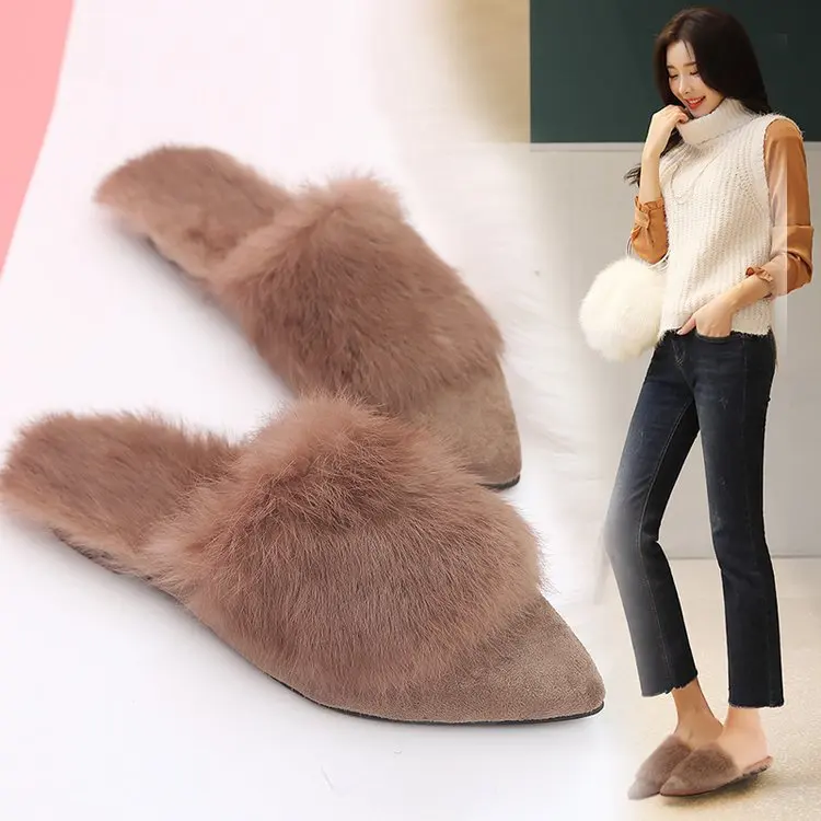 

2019 Spring and Autumn New Thin Flat-bottomed Pointed Women's Slippers Real Rabbit Hair Wear Casual Elegant Suede Half Slippers