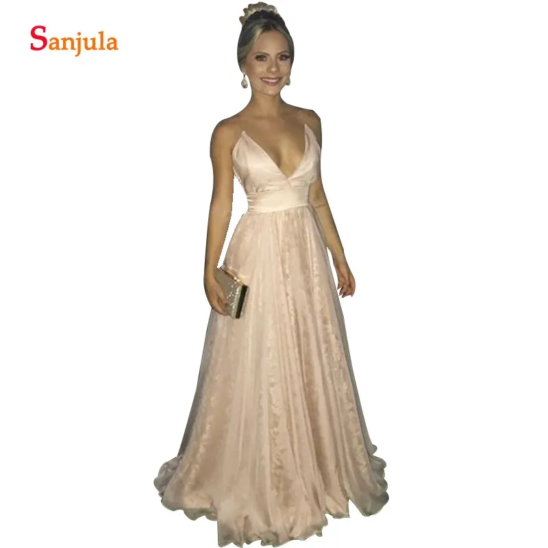 Глубокий v-образный вырез Спагетти ремни платья подружки невесты цвета шампань длинное шифоновое кружевное женское выпусквечерние платье