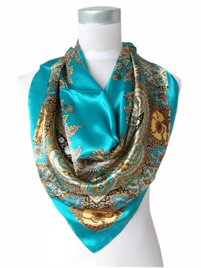 Горячая Распродажа атласный квадратный шелковый шарф с принтом для женщин, Новое поступление женских брендовых полиэфирных шарфов, синий, армейский зеленый, желтый, красный - Цвет: blue