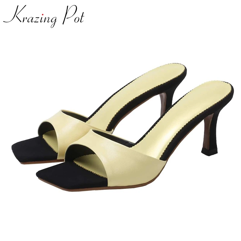 

Krazing pot genuine leather stiletto high heels streetwear gladiator peep toe mixed color high fashion party design sandals L03