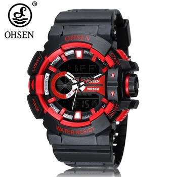 

OHSEN Brand Digital Quartz Mens Sports Amry Wristwatches Gifts Male Rubber Band Red Fashion Dial Waterproof LCD Watches Relojoes