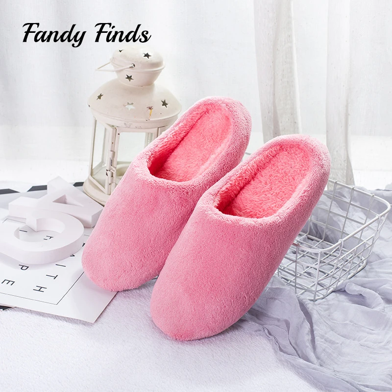 

Fandy Finds Indoor Slippers Solid Color Plush Faux Fur Winter Room Flat Non-Slip Big Size Unisex Ladies Home Slippers