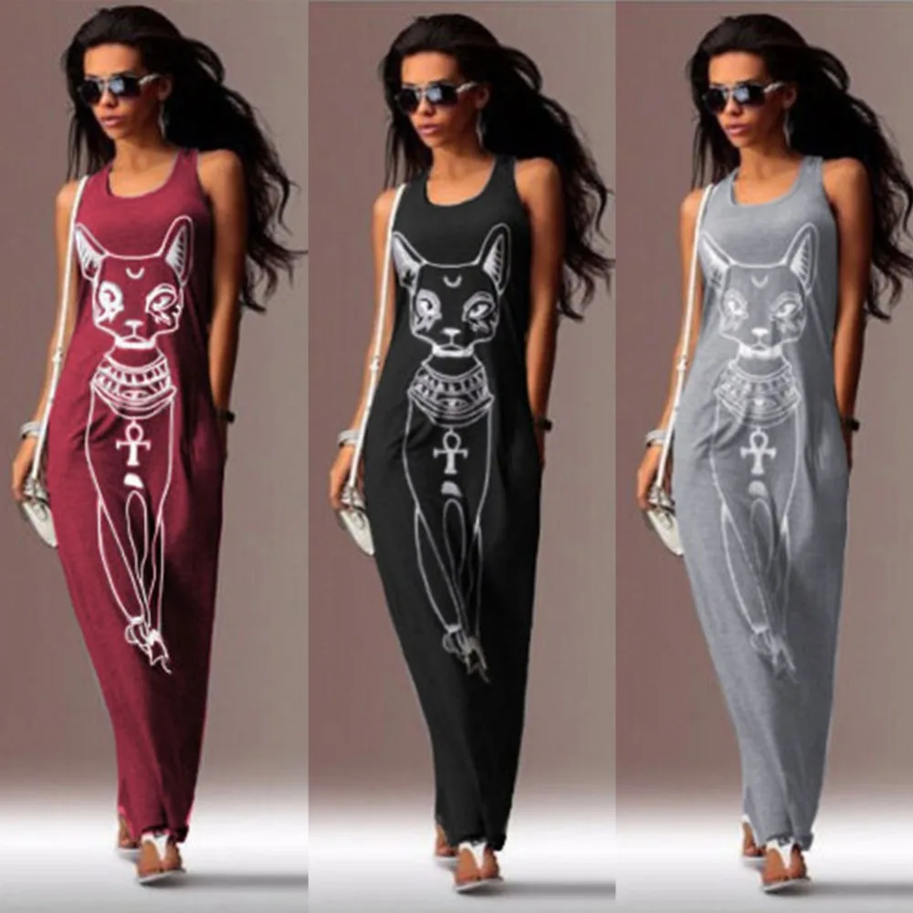 

Women Summer Dress Sexy Casual Print Cat Long Maxi Dress Sleeveless Evening Party Bodycon Dresses Female Vestidos Woman Clothes