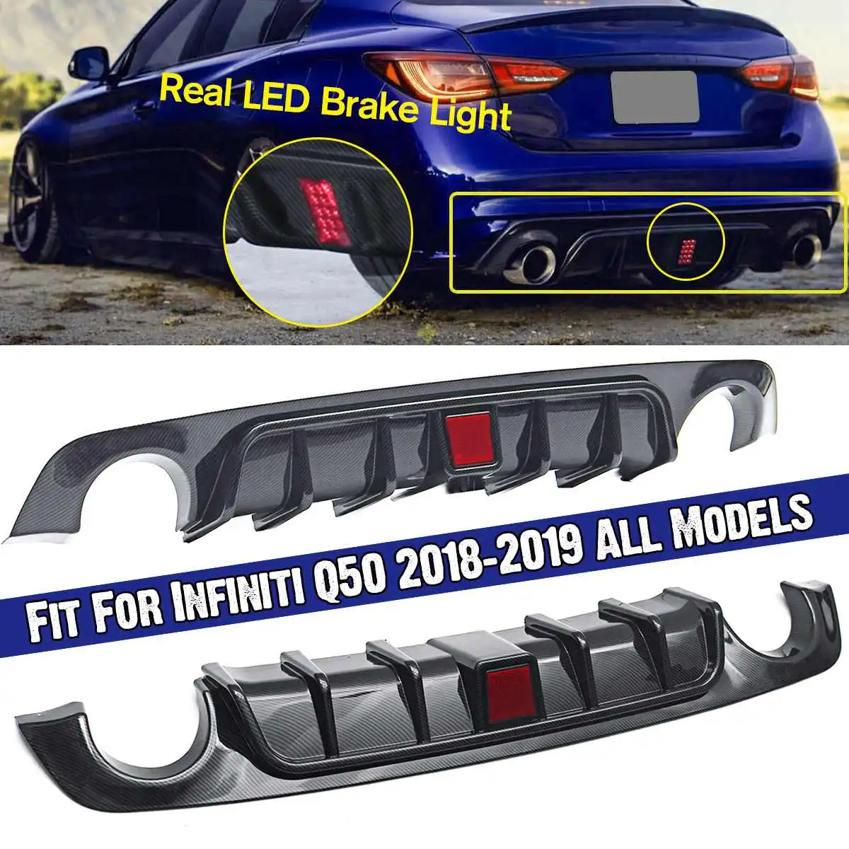 

Carbon Fiber Add on Car Rear Bumper Diffuser lip Spoiler With lamp Fit For Infiniti Q50 2018-2019 All Models
