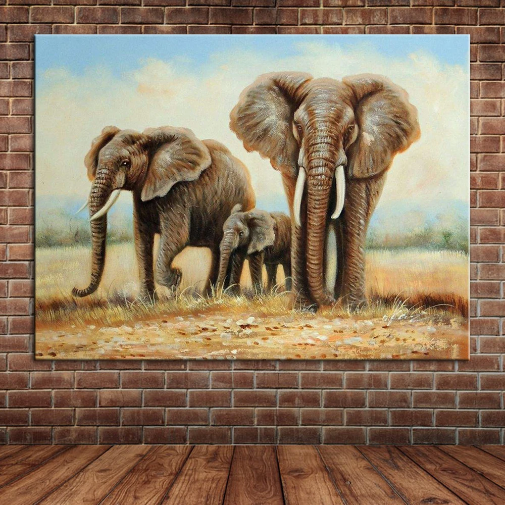 African Landscape Texture Elephant Family Oil Painting Modern Animal