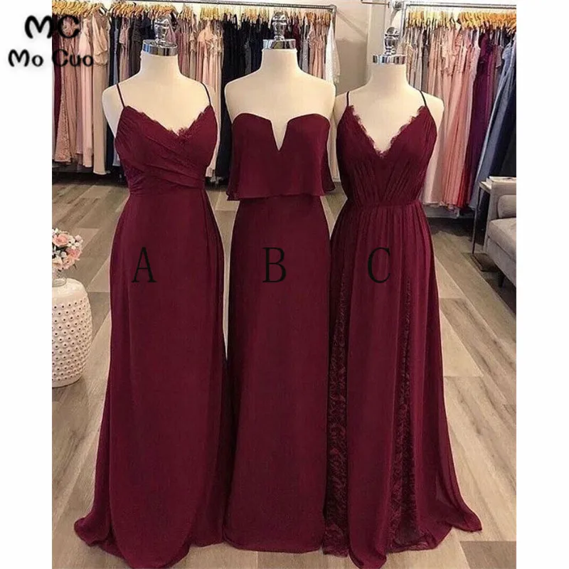 FLOOR LENGTH CHIFFON BURGUNDY 3 STYLES MISMATCH BRIDESMAID DRESSES FOR WEDDING