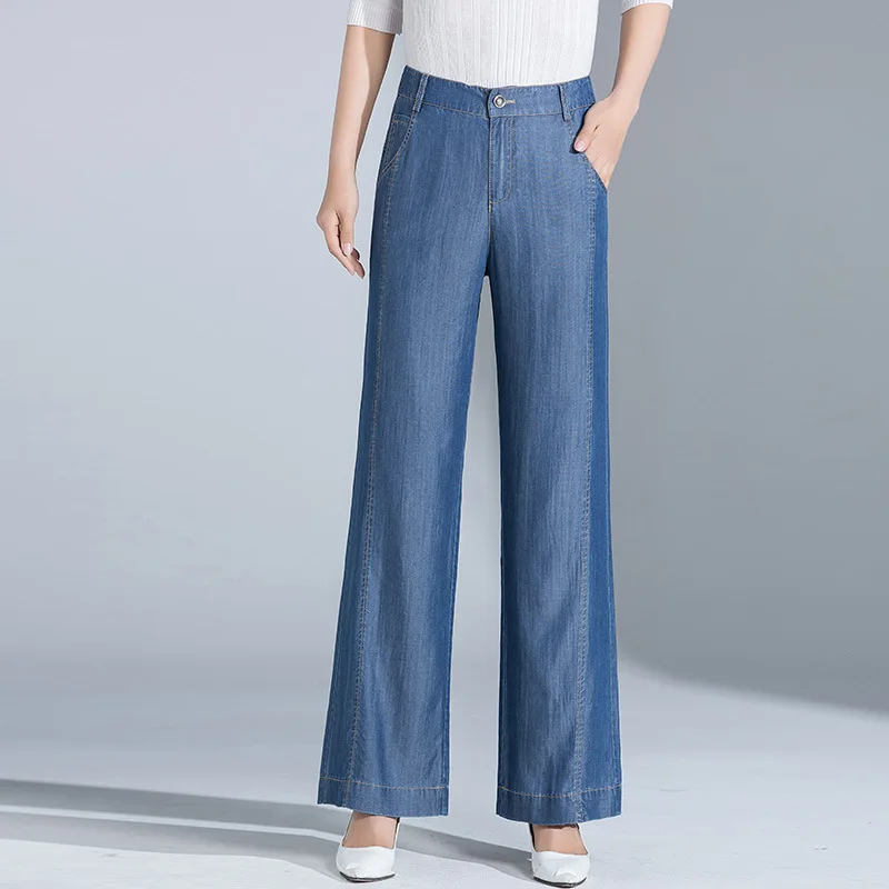 Летние женские джинсы из тенселя, лиоцелл, ледяной шелк, широкие брюки, женские повседневные джинсы, летние женские 19007 - Цвет: dark blue