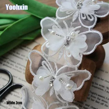 

7CM Wide Luxury beads cotton White Embroidery Lace Fabric DIY applique collar trim ribbon Sewing guipure wedding dress