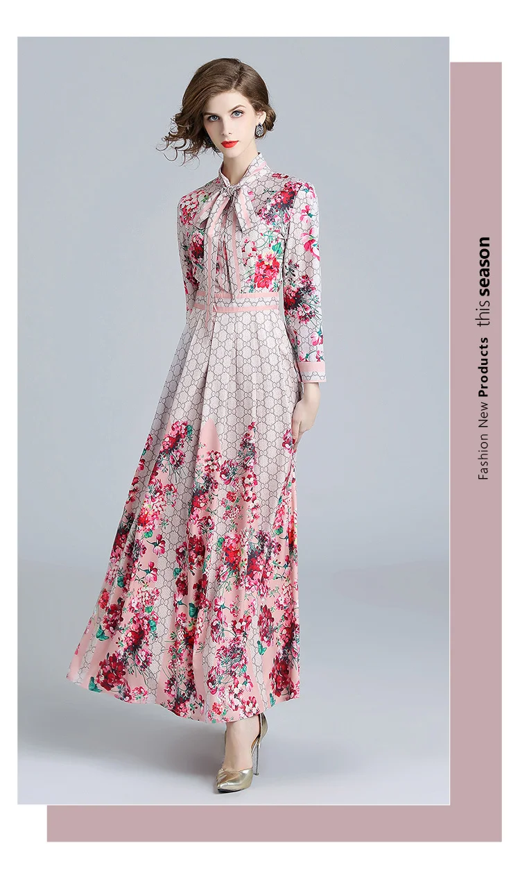 Осенняя Женская мода на шнуровке с буквенным принтом, цветочное Платье макси с длинным рукавом, элегантное качественное клетчатое платье в горошек