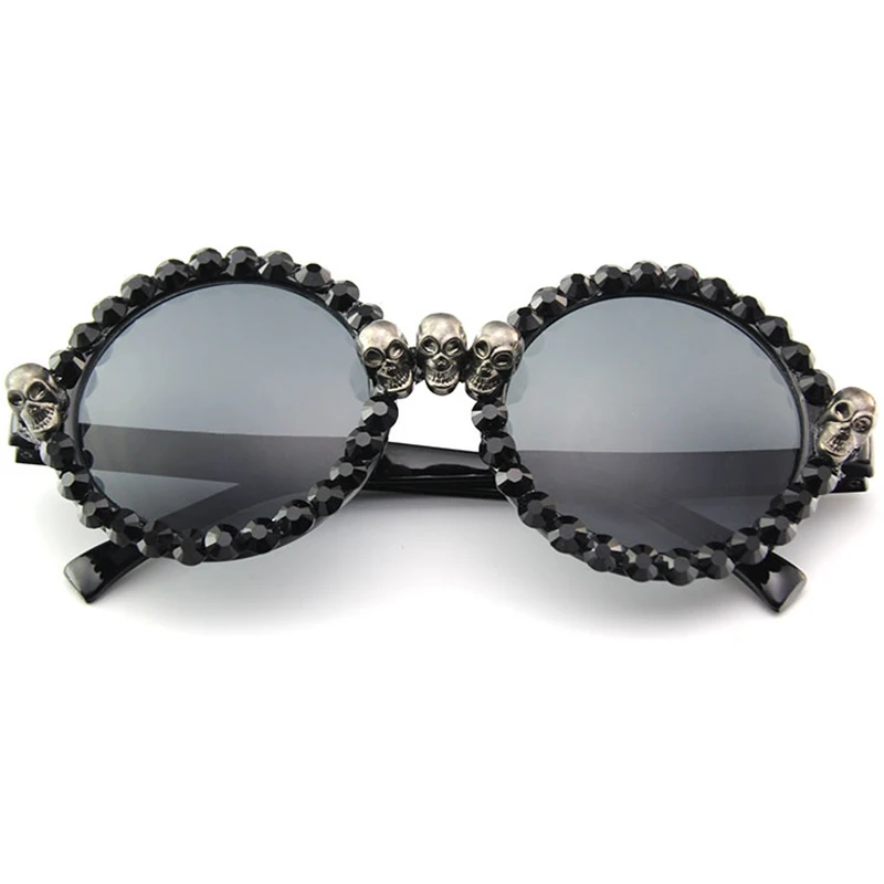 Fashion Personality Round Frame Women Sunglasses Inlay Diamond Skull