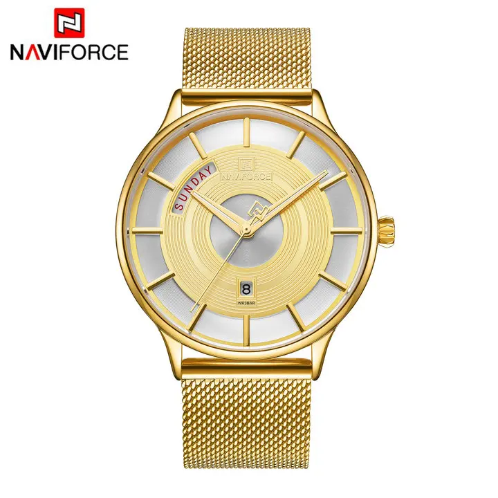 NAVIFORCE, простые кварцевые часы для мужчин, черный стальной сетчатый ремешок, календарь, модная одежда, мужские часы, Топ бренд, Роскошные наручные часы - Цвет: GOLD GOLD